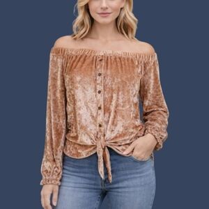 IJOAH Blush Crushed Velvet Off Shoulder Tie Waist Long Sleeve Blouse